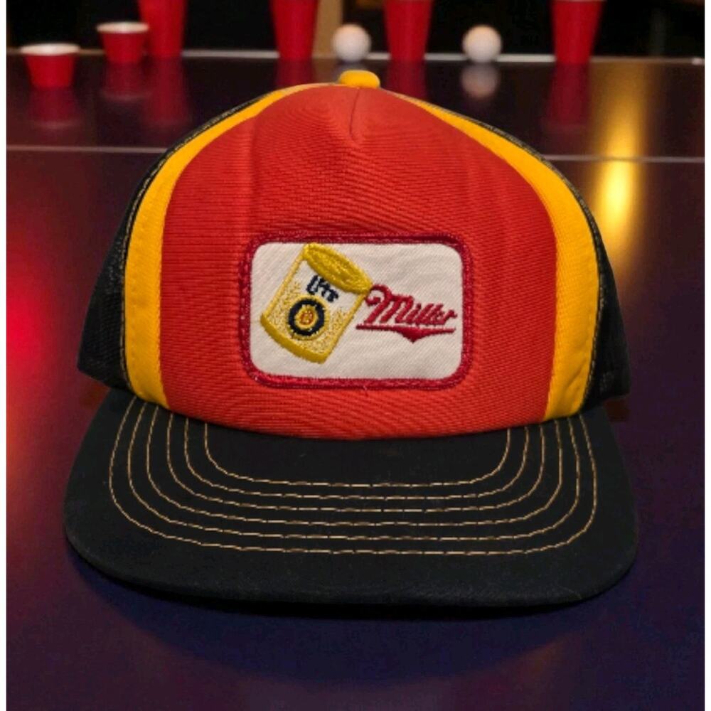 Vintage Miller Lite Trucker Hat Snapback Patch YoungAn Black Red Yellow Mesh